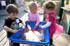Children playing with spoons and containers in a tub of beans